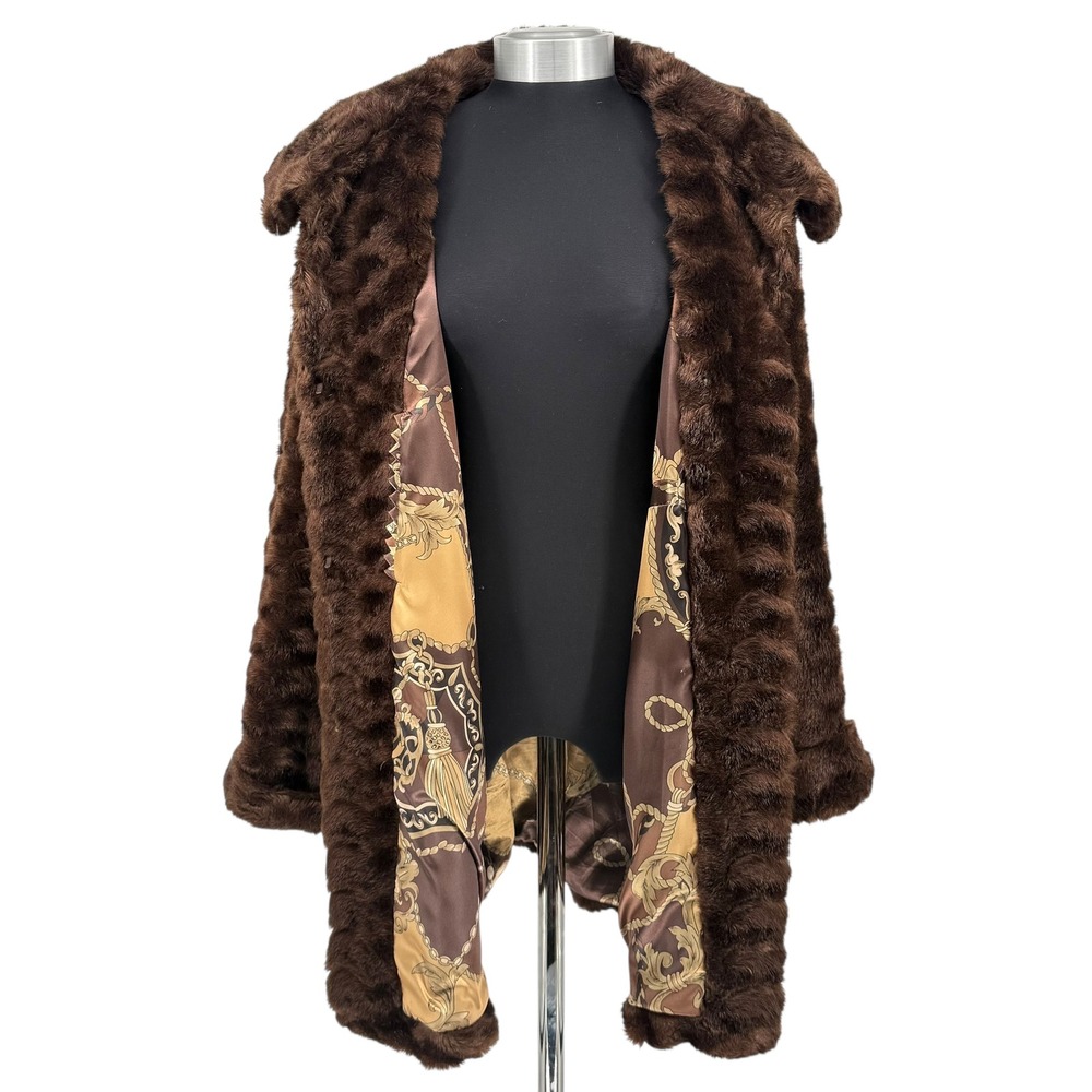 Vintage Dennis Basso Brown Faux Fur Coat Lapel Collar Winter Womens size M‎ - Picture 12 of 16